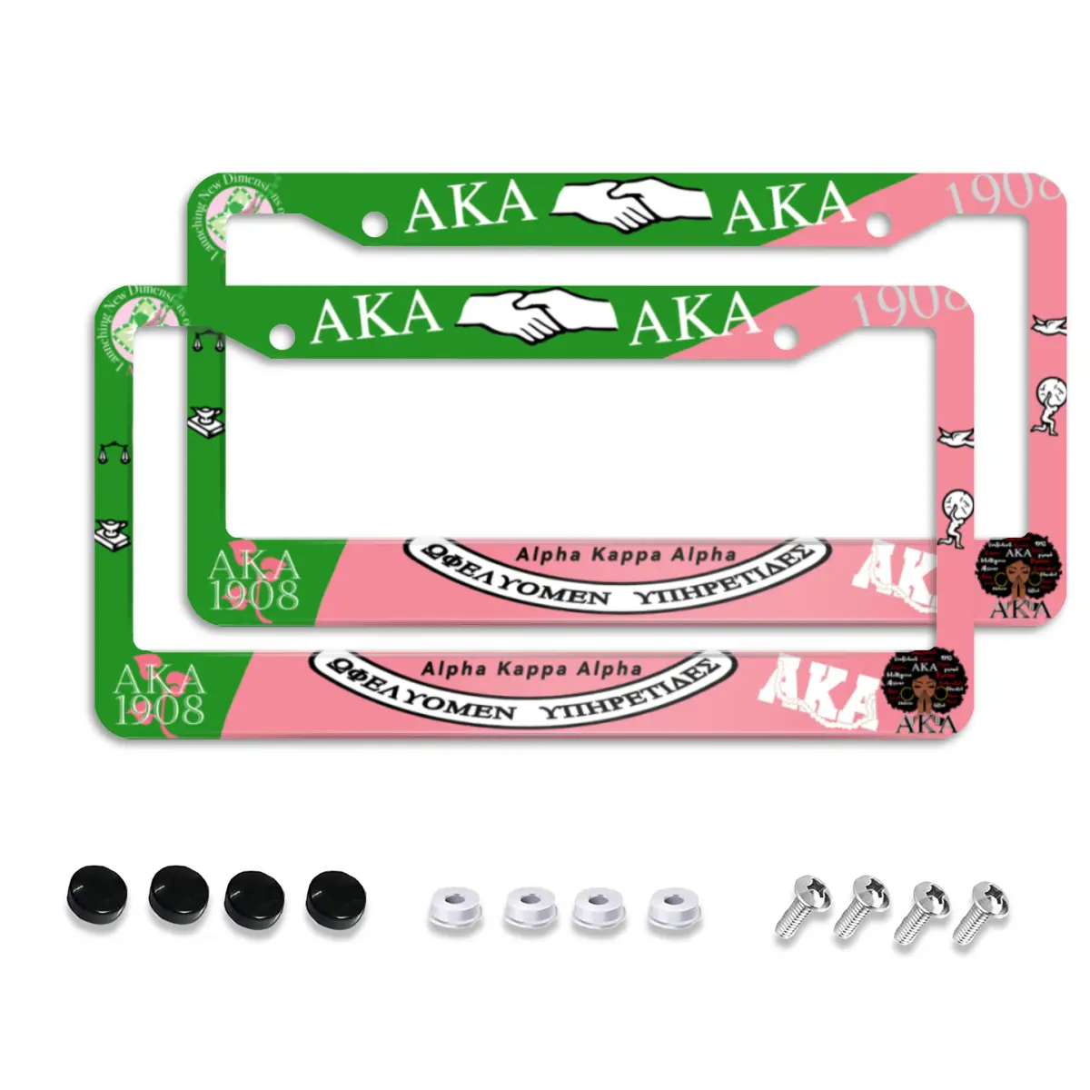 AKA License Plate Frame 1908, Pink and Green Sorority Car Tag Cover, Rustproof Aluminum Does Not Obscure State Name, Sisterhood Auto Accessories Gifts for Women