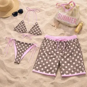 Retro Polka Dot Matching Couple Swimwear Set Board Shorts Triangle Bikini Brown Pink Vintage 50s Pin Up Cute Summer Beach Vacation Pool Party Casual Outfit