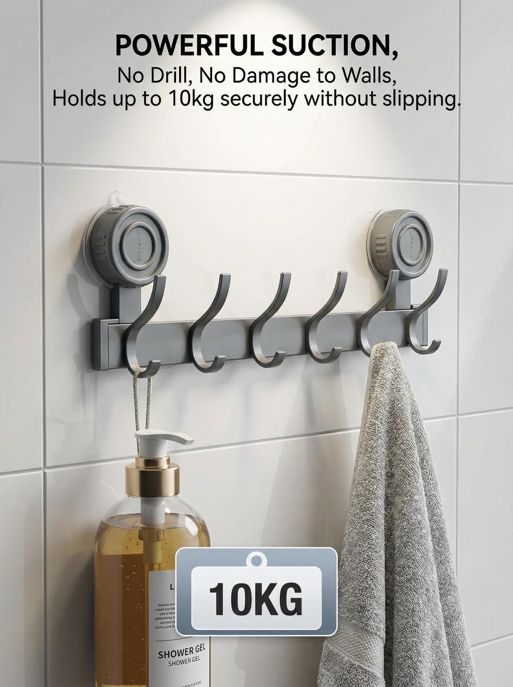 No Drill Succo Hook Rack, Heavy Duty Vacuum Suction Cup Towel Hooks for Bathroom, Wall Mounted Space Aluminum Hanger with 6 Hooks, Waterproof & Reusable, No Damage for Shower, Kitchen, RV, Renters, Hold Towels, Utensils, Robes, No Holes, Easy Install
