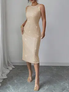 Women's French Romantic Elegant Chic Casual Commuter Vacation Tea Party Valentine's Day Luxurious Sequins Round Neck Sleeveless Slim Long Dress Shimmer