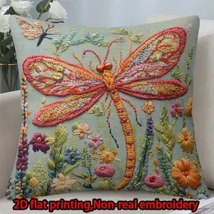 2D flat print 1pc short plush decoration single-sided pillowcase dragonfly flower butterfly non-real embroidery Machine washable multi-size pillowcase suitable for bedroom living room sofa(excluding pillow core)