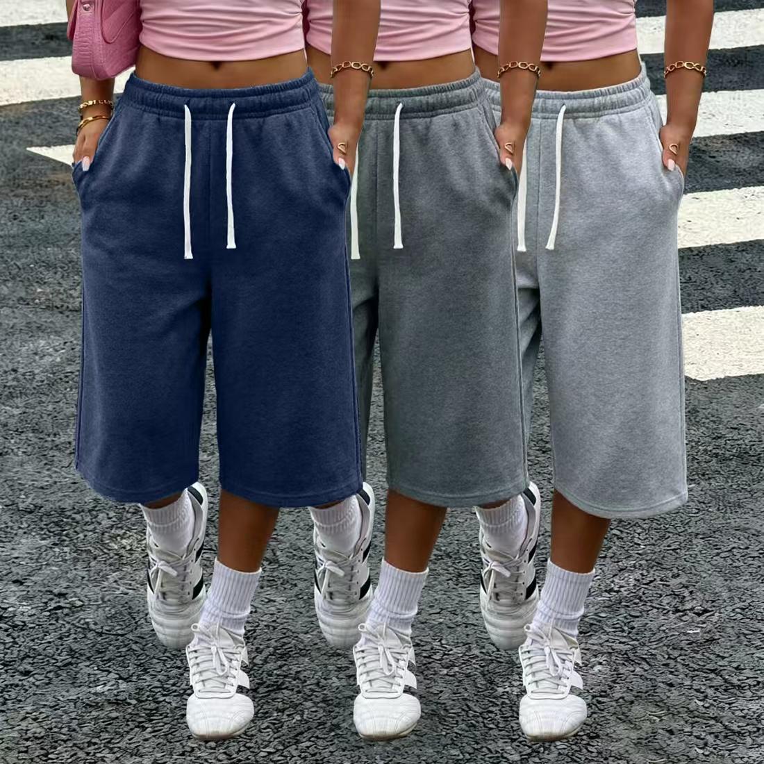 Women’s 1–3-pack solid-color three-quarter wide-leg loose pants — with pockets, elastic waistband, lightweight fleece fabric, summer casual basic pants — without pockets