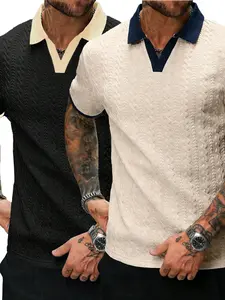 Men's Short Sleeve Polo Shirt, Fashion V Neck Colorblock Knit Fitted Top, Casual Daily Wear, Fashionable Casual, Cream Texture Men's Polo Upper Garment