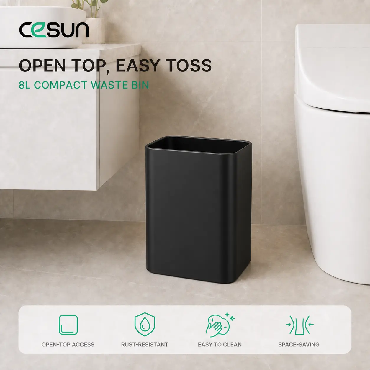 Cesun Small Bathroom Trash Can, 2.1 Gallons, Under Sink Wastebasket, Black | Quick Toss Open Top, Stainless Steel Garbage Can, Hand-Safe Rolled Edges, Metal Trash Bin for Office/Bedroom/Near Desk/RV