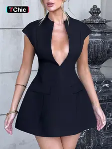 Women's Solid Deep V Neck A Line Dress, Elegant Fashion Cap Sleeve Zipper Dress for Daily Outdoor Wear, Formal Wear, Plunge Neck Top, Ladies Dress for Party Club Dating Package