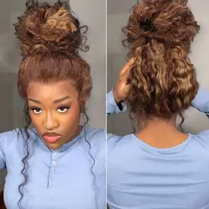 Highlight Hidden Strap 360 Lace Front Wigs Human Hair Glueless Deep Wave Human Hair Wig 4/27 Colored Honey Blonde Curly Human Hair Wig Pre Plucked 180 Density Wet and Wavy Drawstring Wig Human Hair for Women