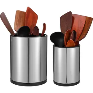 2 Pcs Kitchen Utensil Holder Set, 360° Rotating Stainless Steel Large Cooking Utensil Holder for Kitchen Counter with Removable Base, 3 Compartment Flatware Caddy for Knife Spoon Fork Spatula Tools