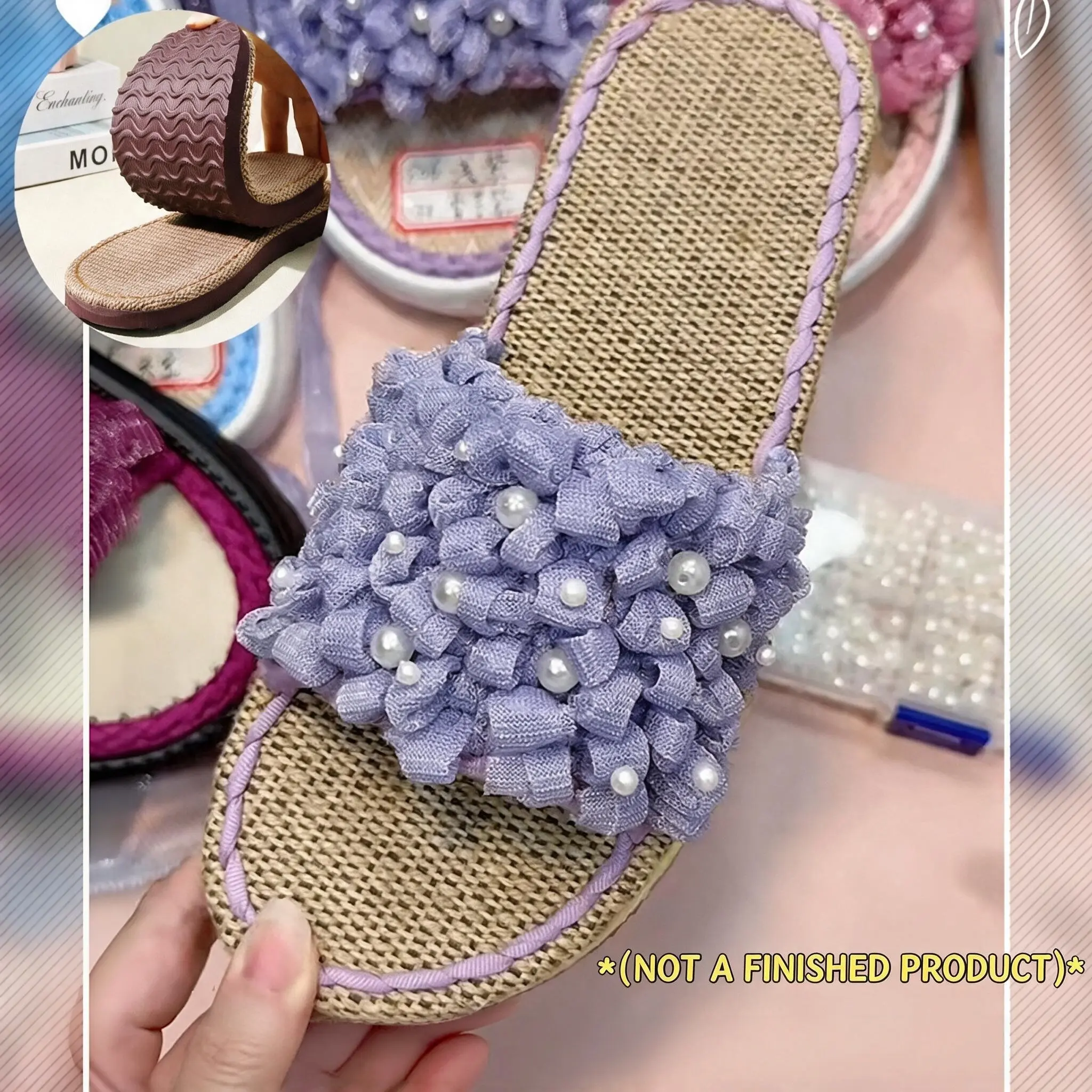 Linen Base Slipper Kit | Half Roll Fabric Yarn + Flash Glitter Fabric Yarn, Summer Tassel Bubble Slipper Making Supplies