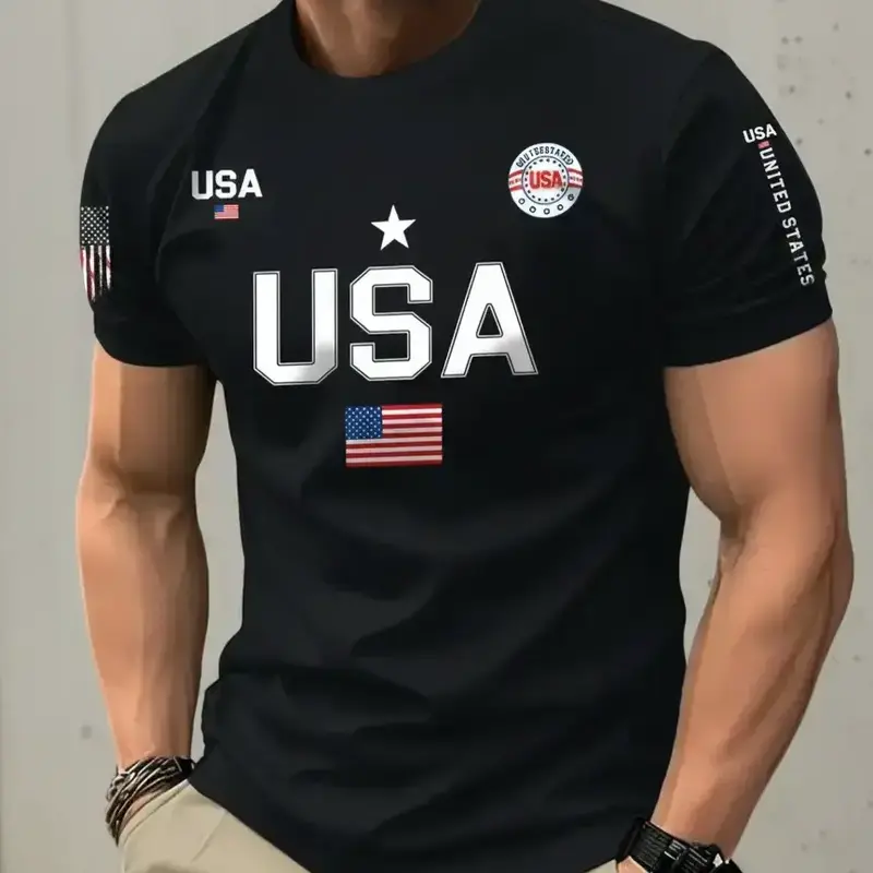 Men's USA Flag Graphic Print Round Neck Long Tee, Menswear Regular Fit Casual Short Sleeve Crew Neck T-Shirt for Summer, Streetwear Fashion Men's Top for Daily Wear Fitted Breathable Clothes