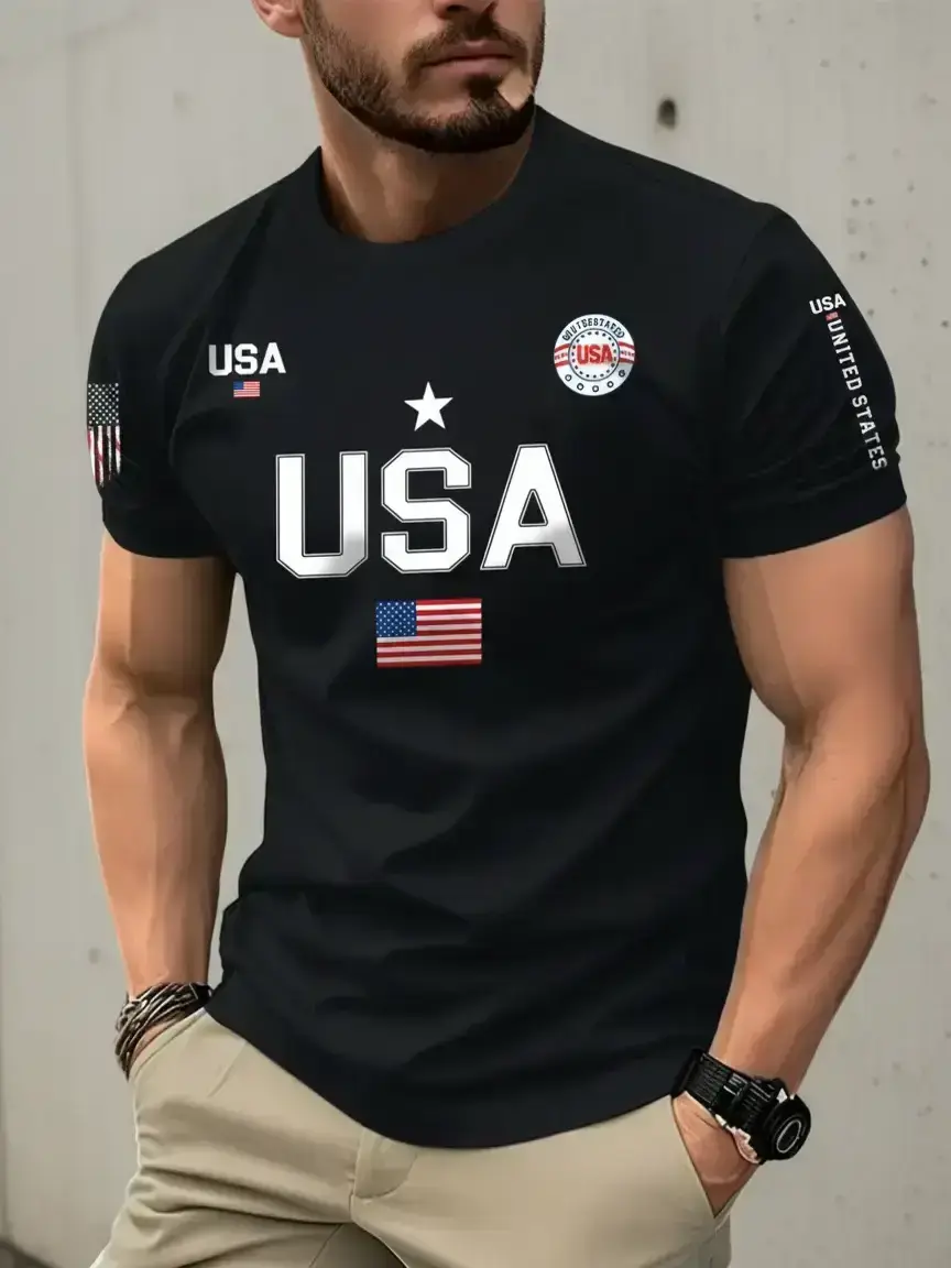 Men's USA Flag Graphic Print Round Neck Long Tee, Menswear Regular Fit Casual Short Sleeve Crew Neck T-Shirt for Summer, Streetwear Fashion Men's Top for Daily Wear Fitted Breathable Clothes