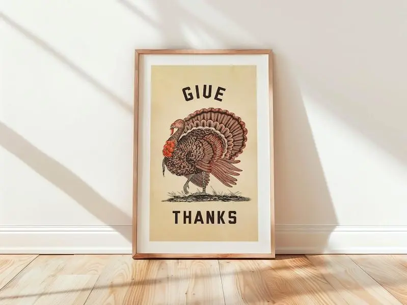 Farmhouse Thanksgiving Print Retro Kitchen Art Decor Give Thanks Turkey Kitchen Wall Art Retro Thanksgiving Poster Kitchen Gift for Home