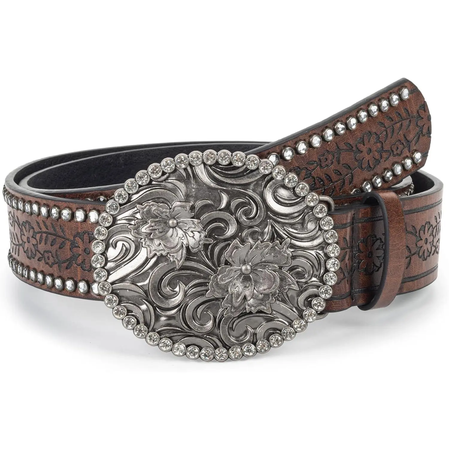 Women's Vintage-Western-Cowboy-Belt with Rhinestone-Buckle, Floral Engraved Cowgirl Belt Waist Strap for Jeans