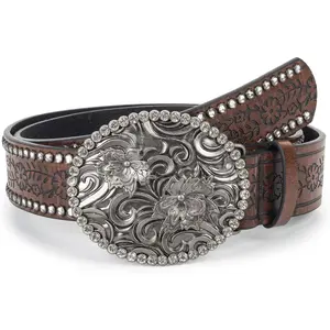 valentines gifts Women's Vintage-Western-Cowboy-Belt with Rhinestone-Buckle, Floral Engraved Cowgirl Belt Waist Strap for Jeans
