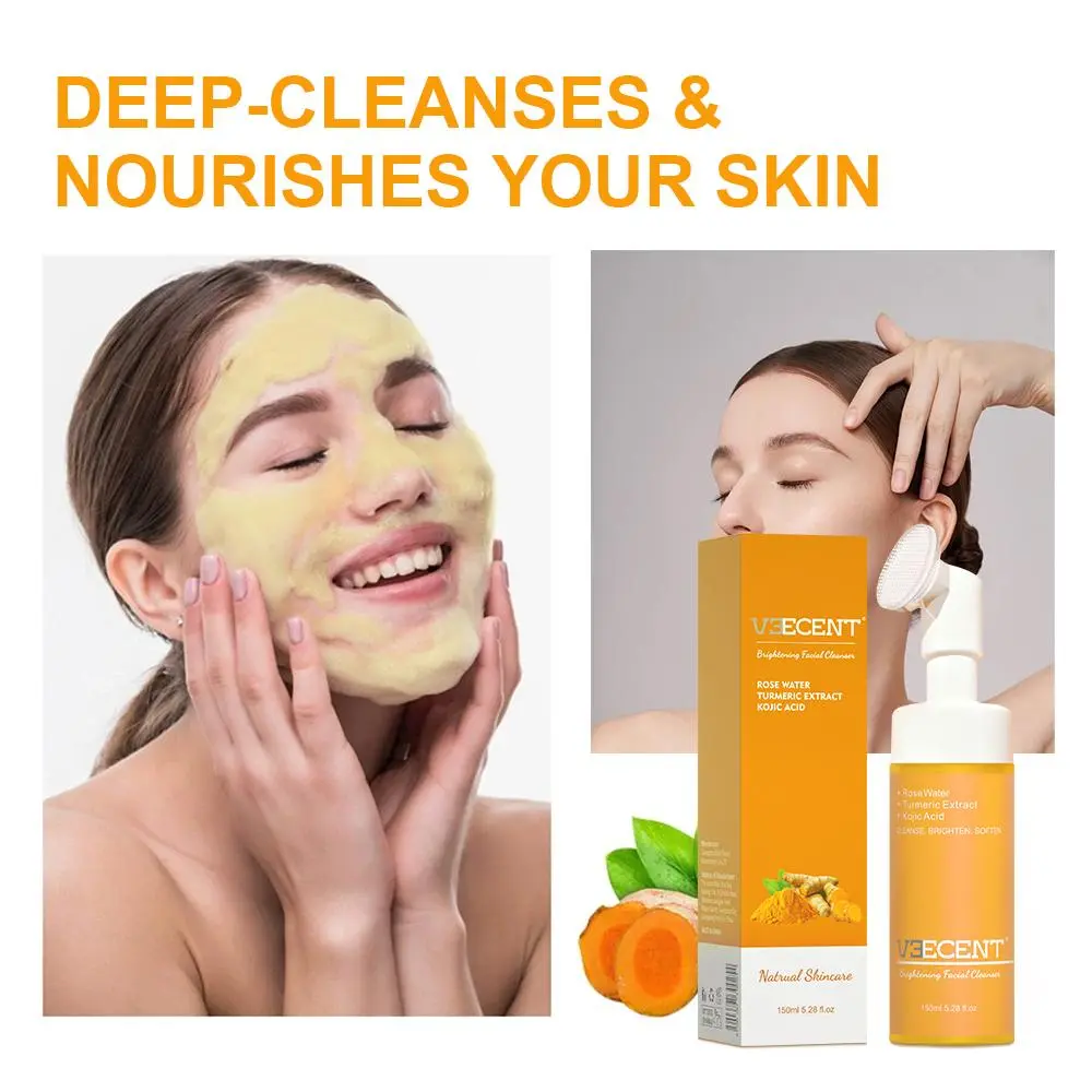 VEECENT New 150ml Gentle Turmeric + Kojic Acid Foaming Daily Facial Cleanser, Skin Softening Turmeric Wash with Silicone Brush for Skincare