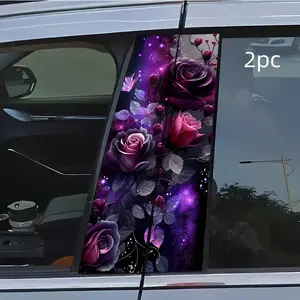2pcs Purple Rose, Pink Rose, Purple Butterfly Car Sticker B-Pillar DIY Middle Pillar Film Decorative Car Accessory