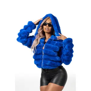 Vinetria Royal Blue Fur Jacket With Hood Vinetria Royal Blue Fur Jacket With Hood