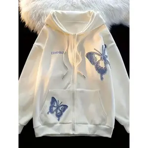 ButterflyPrintHoodieWithPocket,CasualZipUpLongSleeveDrawstringHoodedJacket,Women'sClothing