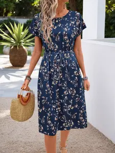 Women's Floral Print Dress, Casual Short Sleeve Round Neck Adjustable Drawstring Dress, Beach Summer, Loose-Fitting Fashion Clothing, Casual Wear, Spring