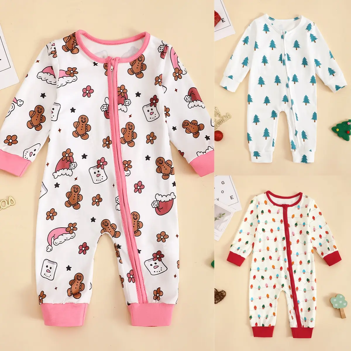 Baby Girl Christmas Pajama Set Pink Festive Print Long Sleeve Sleepwear for Newborn Infant