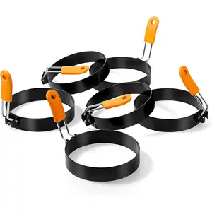 6 count Professional Egg Ring Pancake Ring Set Stainless Steel Fried Egg Molds Griddle Pancake Shapers with Orange  Handle for Breakfast Omelette Sandwich(4 Inch)