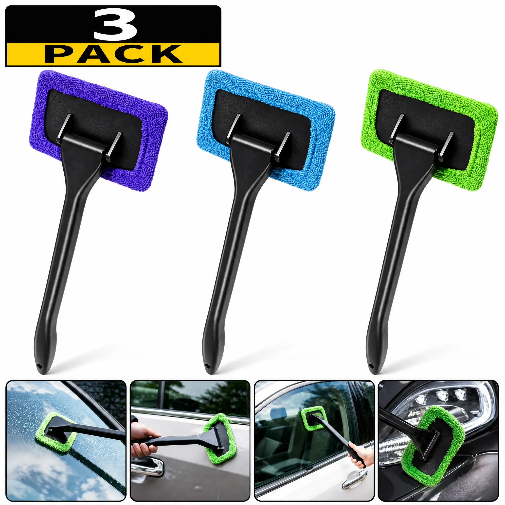 Automotive 3-Piece Windshield Cleaning Tool Set - Microfiber Car Wiper, Brush for Automotive Glass Cleaning