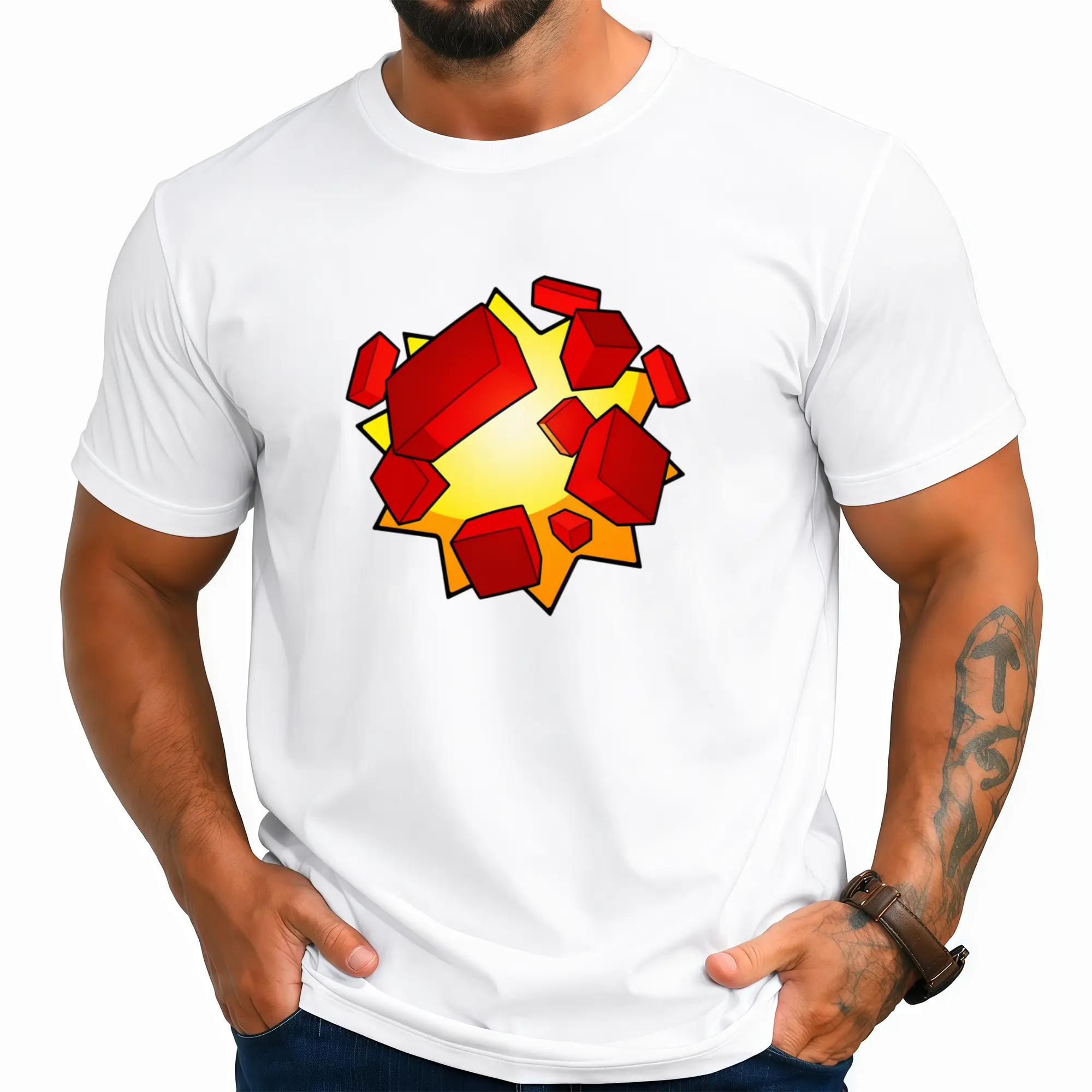 Oversized Crew Neck Short Sleeve T Shirt Featuring Cartoon Burst Star Explosion Graphic With Shattered Red Cube Pixel Redstone Blocks Unisex Soft Cotton Casual Sandbox Video Game Lover Basic Daily Top