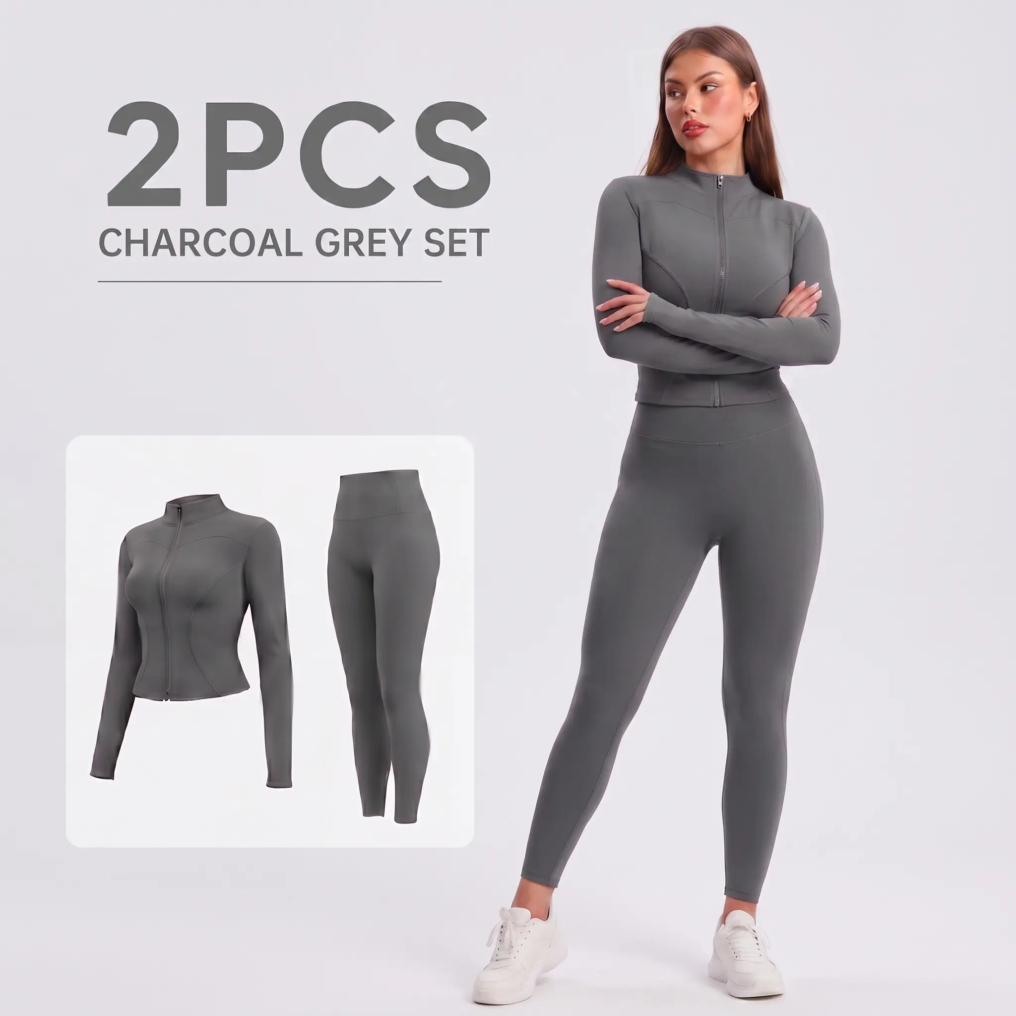 Workout Sets for Women, 2 Piece Zip Up Long Sleeve Top with Thumb Holes and High Waisted Booty Lifting Leggings, Stretch Activewear Outfit for Yoga Gym Fitness