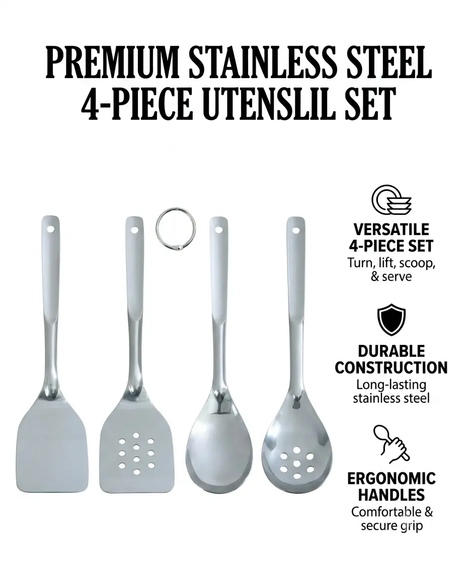Camping Stainless Steel Kitchen Utensil Set - 4-Piece Sturdy Functional Tools with Comfort Grip Handles, Ideal for Pot Stirring & Daily Cooking Tasks (Turner, Spoon, Slotted Spoon)
