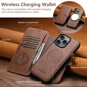 SUTENI Faux Leather Wireless Charging Card Holder Stand Wallet Magnetic Flip Cover Phone Case For iPhone 17 Pro Max 16 Plus 15 14 13 12 For Unisex Relatives Friends And Elders Holiday Gift