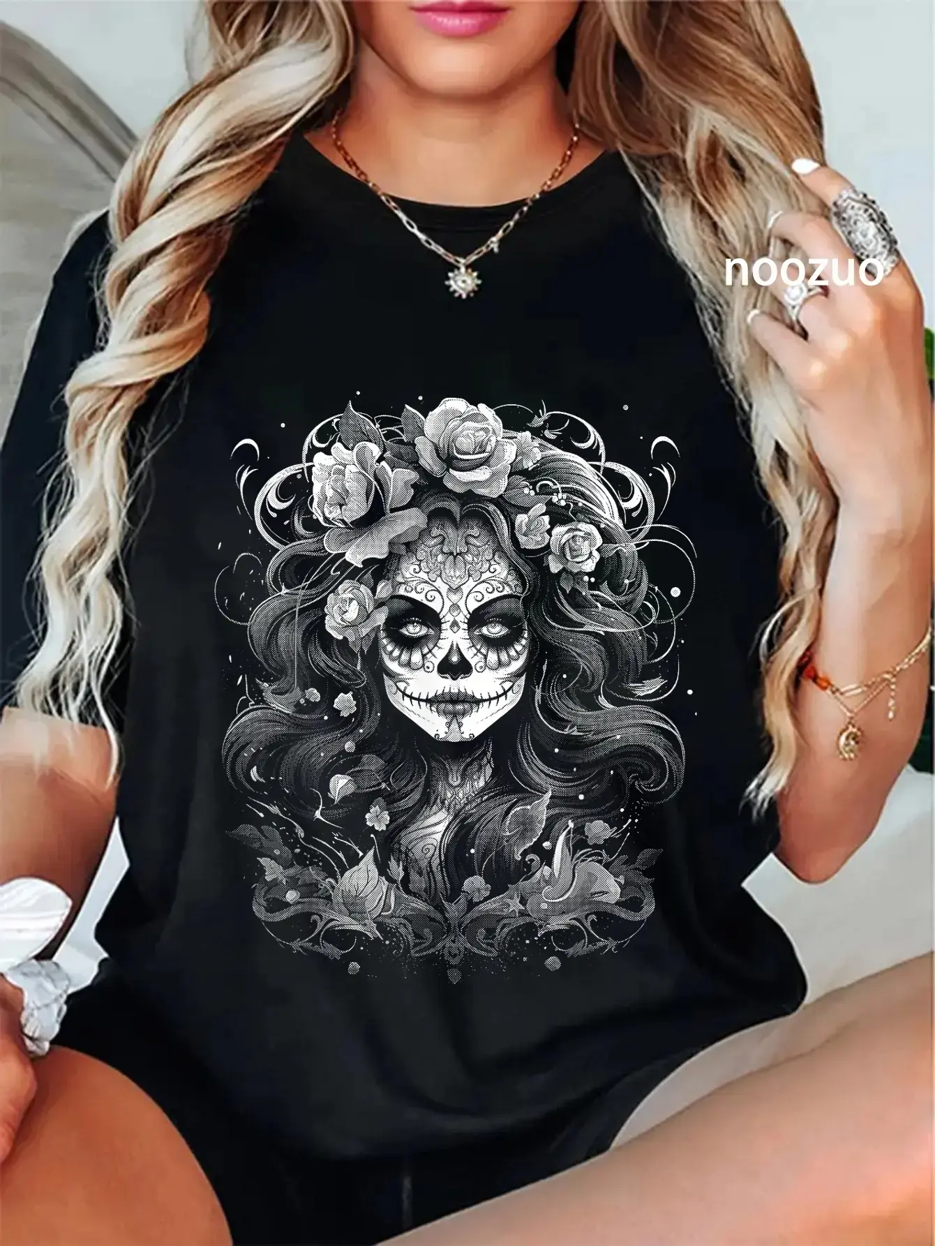 Women's 100% Cotton Casual Round Neck Short-Sleeve Graphic T-Shirt - Vintage Streetwear Top, De Los Muertos La Catrina Sugar Skull Print, Everyday All-Seasons Womenswear