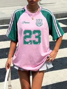 Women's New Striped Colorblock Shoulder Insert Casual Round Neck T-Shirt, Summer Oversized Print Tee, Loose Fit, Womenswear