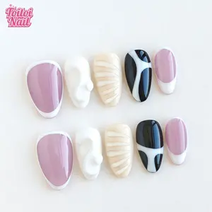 Sculpt Mix Handmade Press-On Nails, Handmade Press Ons | Short Almond Shape, 10pcs | 3D Sculpt Mix Design | Lavender French & 3D White Sculpt & Beige Shell Texture | Reusable DIY Nail Kit for Women | Trendy Nails
