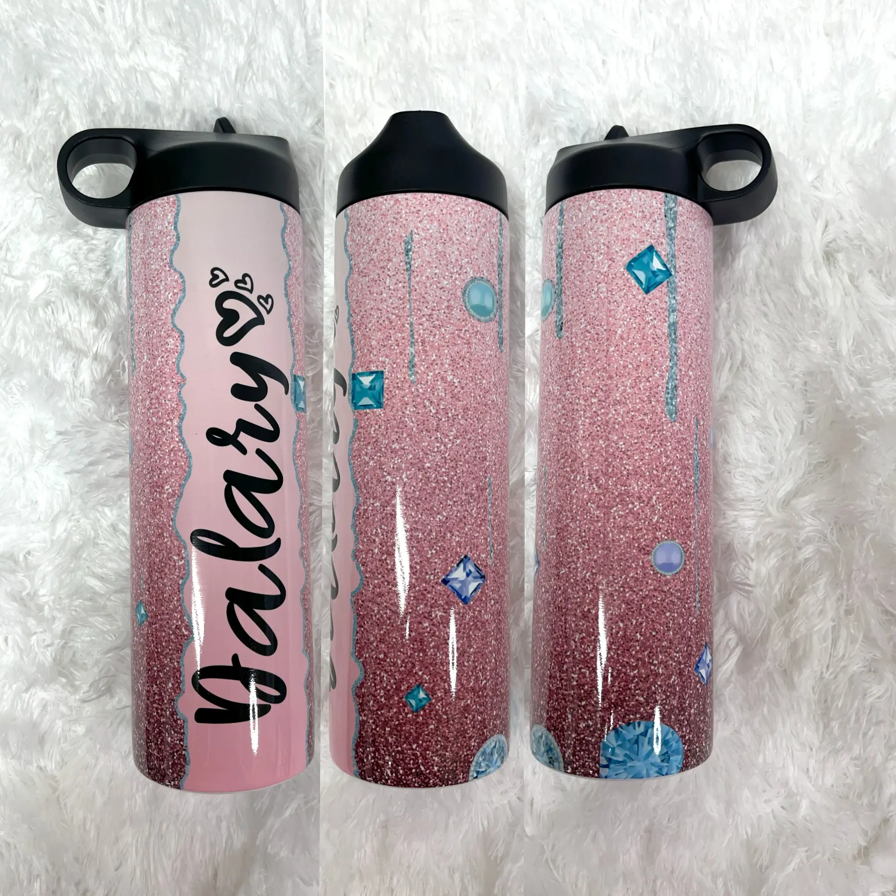 Gradient Pink Glitter Gems 20oz Water Bottle - Sublimated Straw Lid Sports Bottle - Leak-Proof, Double Wall Insulated Stainless Steel Drinkware - Back to School, Travel Cup, Personalized Gift, Birthday, Christmas Gift