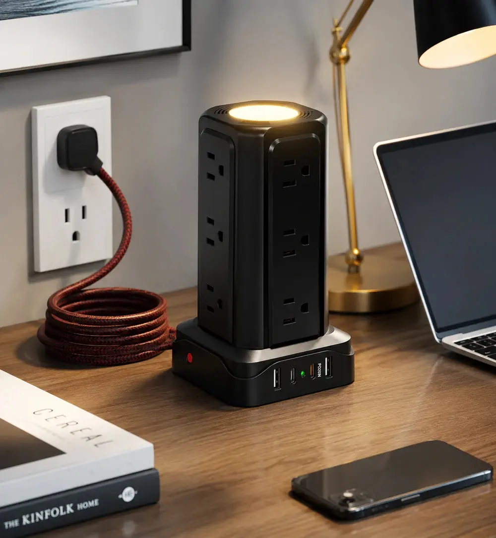 12 Outlet Power Strip Tower with Surge Protection, Night Light, 4 USB Ports, Flat Plug & 6FT Braided Extension Cord
