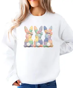 Olive Loves Apple Ink-Printed Three Bunnies Quilt Patch Sweatshirt for Women - Cute Easter Faux Patchwork Pullover