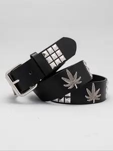 Unisex Y2K Fashion Vintage Maple Leaf PU Belt, Three Row Beaded Rivet Decoration, Street Style Waistband for Daily Use, Party, Nightclub, Trendy Belt