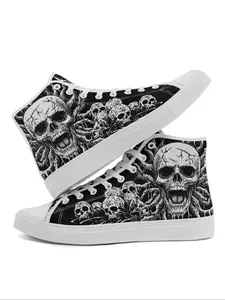 Men's Fashionable Skull Print High Top Canvas Sneakers, Casual Comfortable Lace Up Shoes for Daily Wear, Punk Style Shoes for Men Footwear