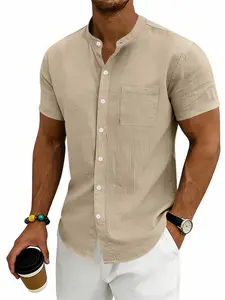 Men's Linen Casual Stand Collar Short Sleeve Plain Button-Up Shirt, Loose Fit Breathable Business Top, Spring & Fall Fashion