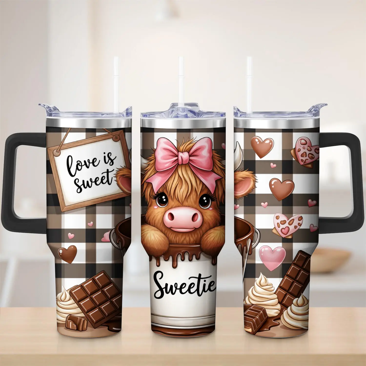 Stainless Steel Travel Mug Silver Cow Chocolate Cup Design With Hearts And Sweet Treats Personalized Name Tie Outdoor Camping Hiking Coffee Tea Drinkware