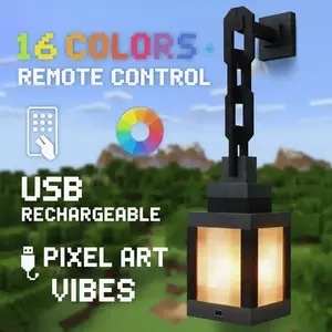 Pixelated Lantern LED Night Light,16 Colors Rechargeable LED Lamp with Remote, Rechargeable Retro Table/Wall Night Lamp,for Bedroom Gaming Kids ,Home Decoration and Children's Gifts (with Chain)
