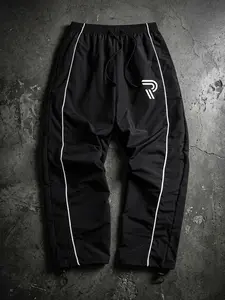 Men's Graphic Print Trendy Sporty Pants with Lines, Gym Workout Running Trousers with Side Pockets, Athletic Quick Dry Breathable Sweatpants, Drawstring Elastic Waist, Adjustable Cuffs, Logo Sweatpants