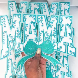 Mama in Patel Blue Chenille patches, Iron on Transfer, mom patch, Trendy patch