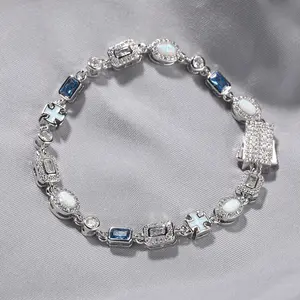 Luxury Multi-Gem Vintage Bracelet, Opal & Blue Zircon Stackable Bracelet