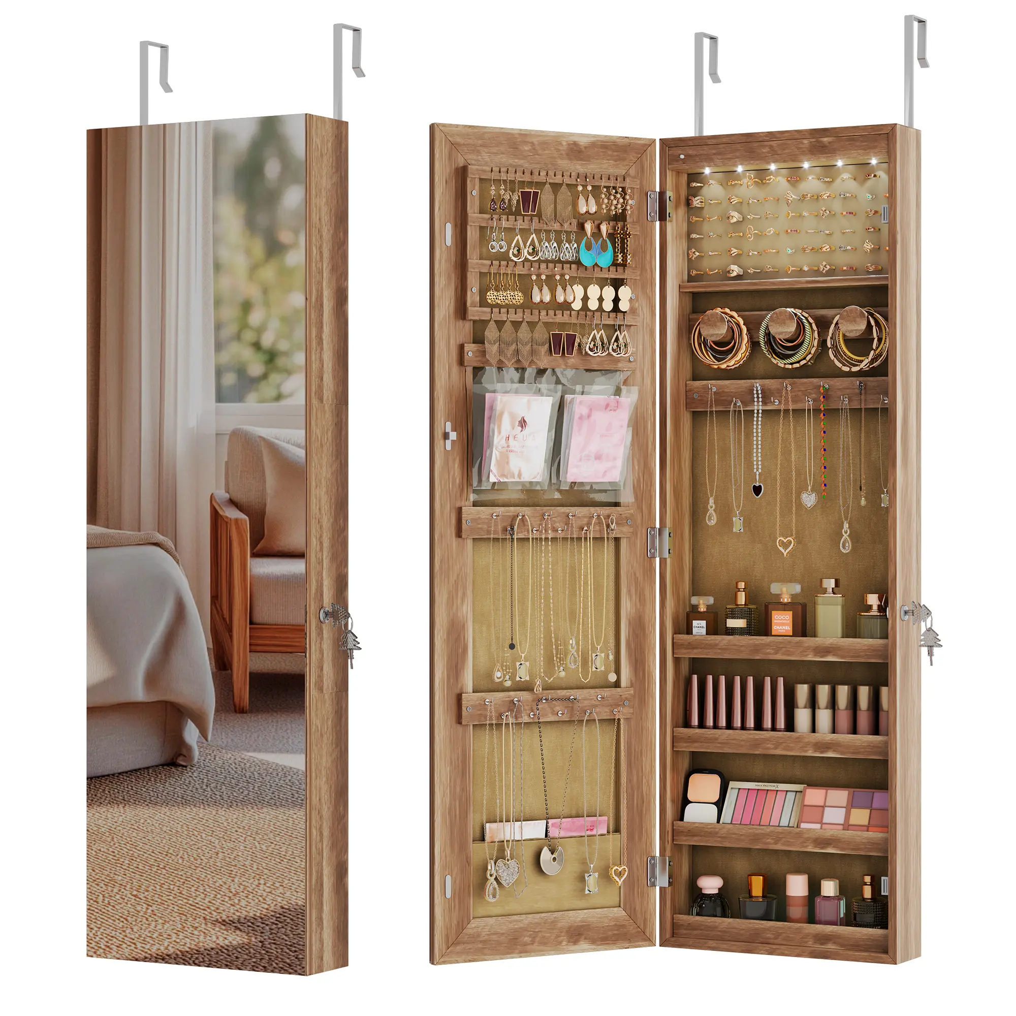 Vlsrka Wall Door Mounted Jewelry Cabinet 6 LED Jewelry Mirror Storage Organizer | Over the Door Jewelry Armoire Organizer, Lockable Full Length Mirror Hanging Jewelry Storage for Women, Teen Girls,Wood