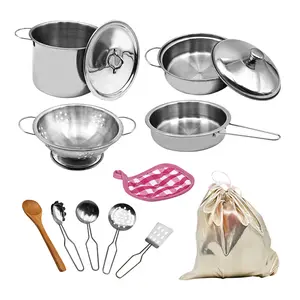 12 PCS Kitchen Set Pretend Play with Storage Bag Simulated Kitchen Toy Stainless Steel Soup Pot Pan Shovel Spoon Children Chef Role Playset Cooking Set Educational Gift for Kids Girls Boys