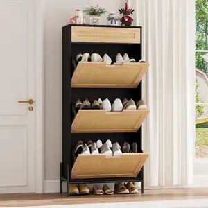 Natural Rattan Shoe Cabinet: Elegant Wooden Shoe Rack with 3 Flip Drawers, 1 Drawer, and Adjustable Shelves for Entryway or Hallway in Black or White, Featuring Metal Legs and Compact Design (61 x 24 x 136 cm) Furniture Home