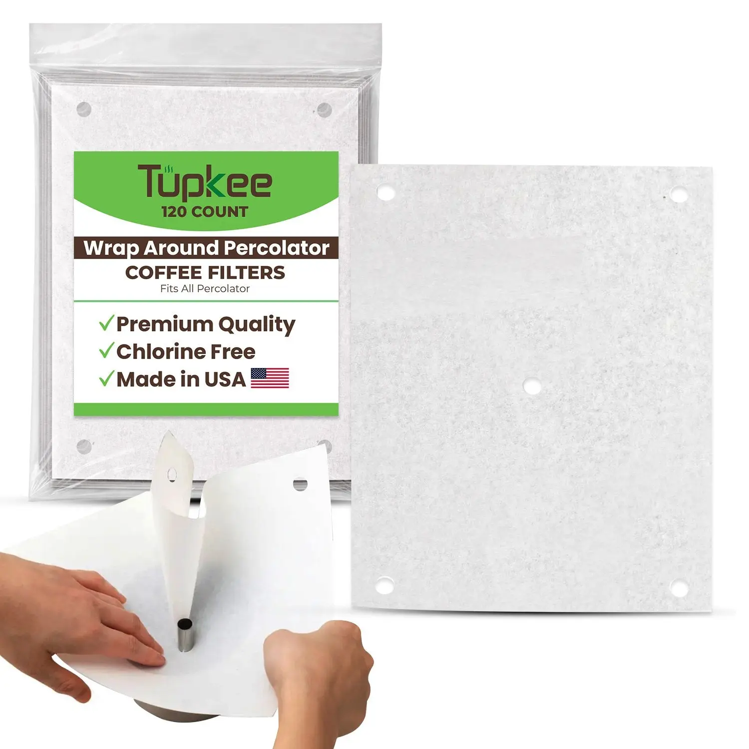 Tupkee Percolator Coffee Filters, 120 Count Wrap-Around Filters, Universal Fit for Percolator Coffee Pots, White Chlorine-Free, Made in USA