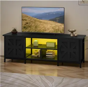 Farmhouse TV Stand with LED & Charging, Storage Cabinet and Shelves for TVs up to 70", Black