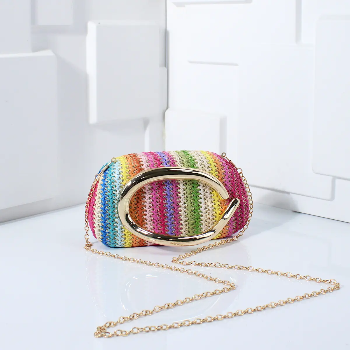 Women's Elegant Straw/Bamboo Woven Clutch Evening Bag - Chic Box Shape with Unique Handle, Metallic Gold Multi-Function Convertible Shoulder Bag, Crossbody Purse with Chain Strap for Summer Parties, Purses Crossbody Bag