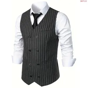 Bmuvlss Men’s Slim Fit Double-Breasted Striped Vest – Black & White Vertical Stripes, British-Style Business Casual Suit with Faux Pockets, Perfect for Spring/Fall